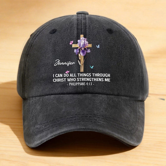 Personalized Washed Denim Baseball Cap With Faith Quote And Floral Cross Vintage Look Unique Christian Gift