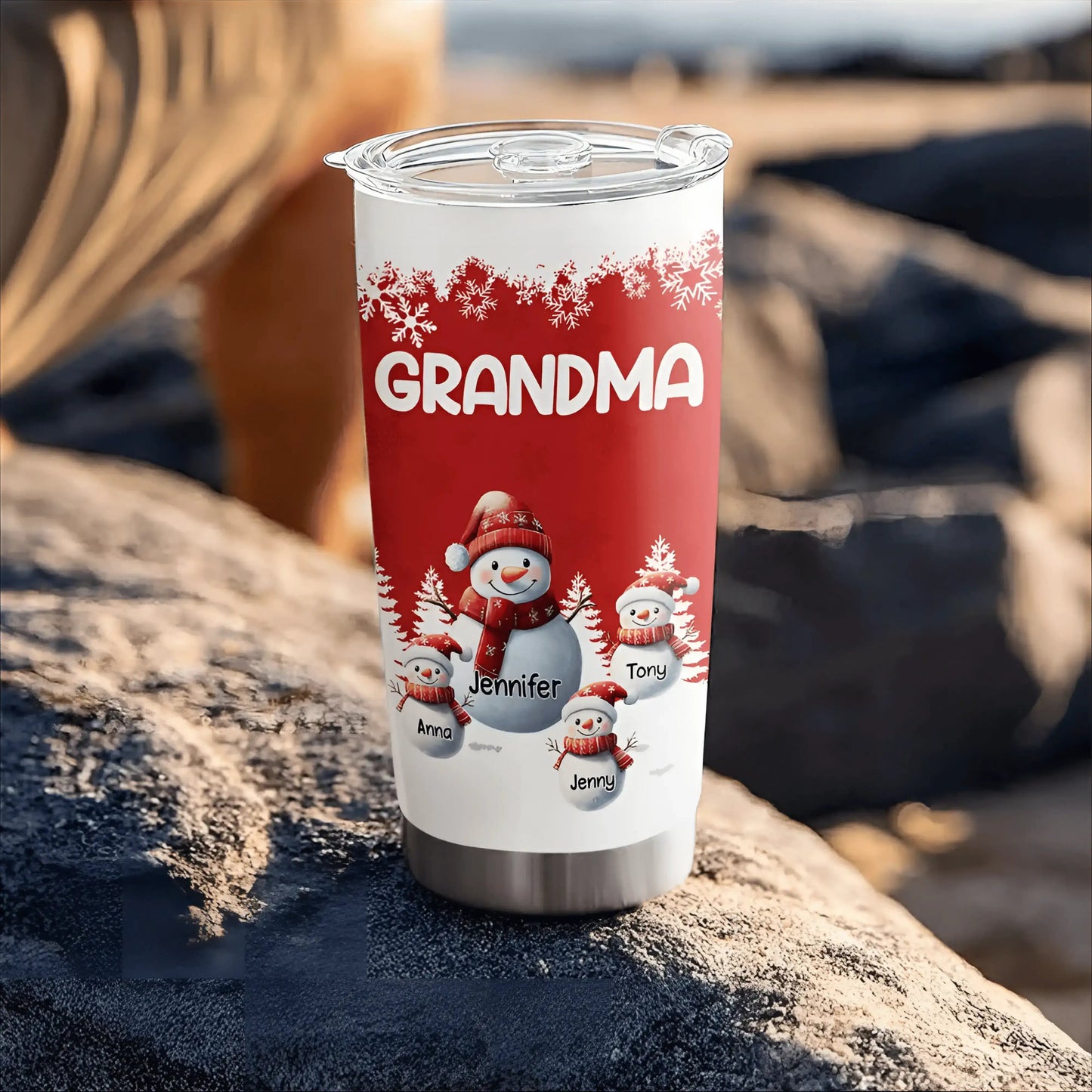 Snowman Grandma Insulated Travel Tumbler with personalized family names, cozy Christmas and winter gift