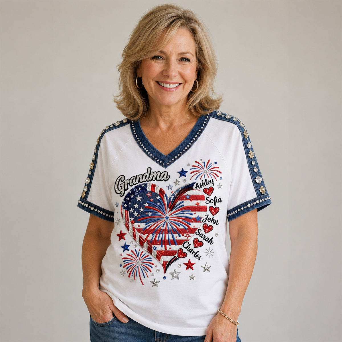 July 4th Grandma Sweethearts Shirt - Personalized Grandma Fully Printed V-Neck T-Shirt
