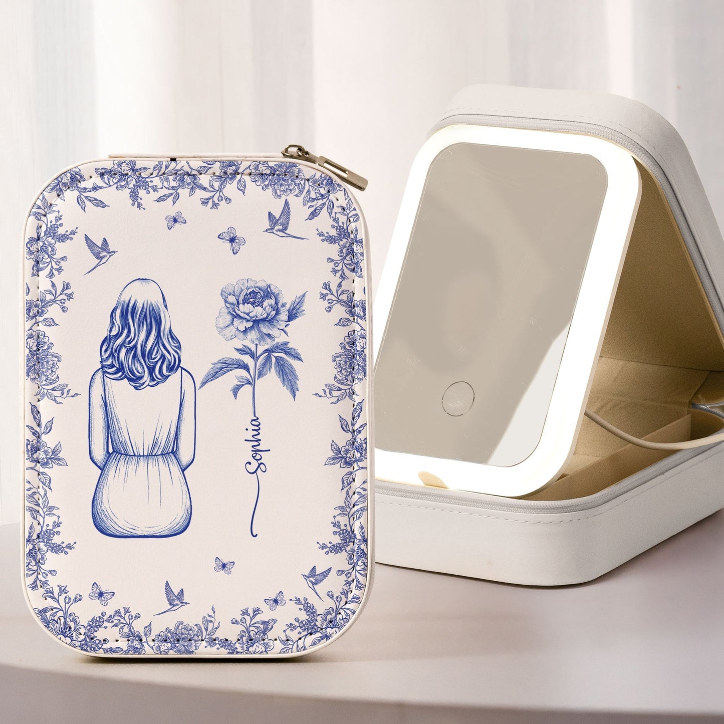 Personalized Leather LED Makeup Case with Birth Flower Art – Custom Girl Illustration Cosmetic Organizer, Unique Gift for Her