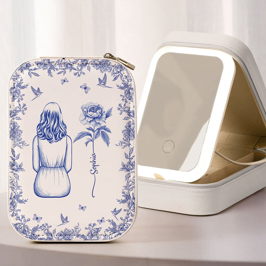 Personalized Leather LED Makeup Case with Birth Flower Art – Custom Girl Illustration Cosmetic Organizer, Unique Gift for Her