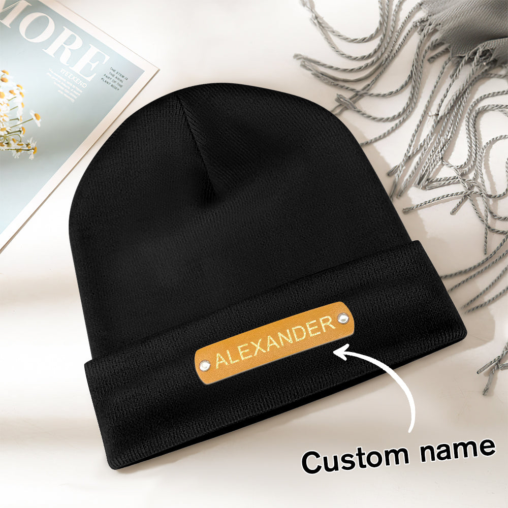 Custom Name Leather Patch Beanie - Personalized Beanie Hat