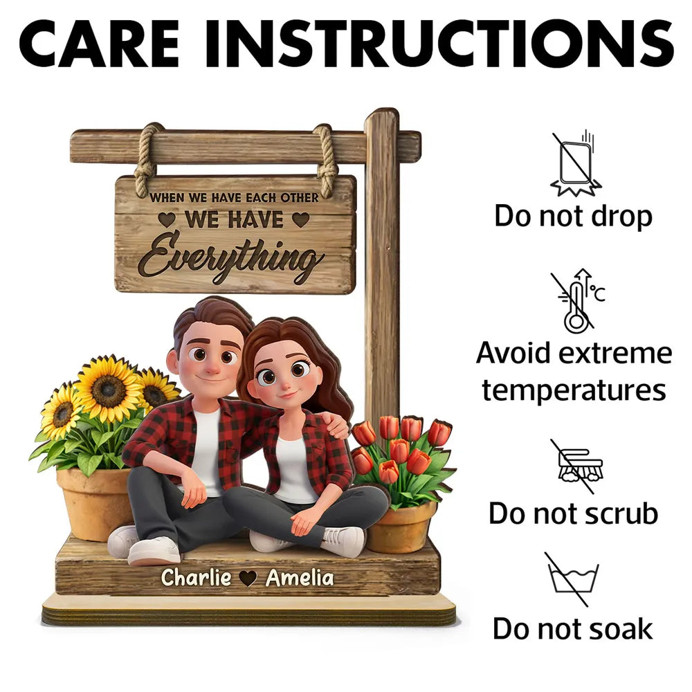 Personalized 2-Layer Wooden Plaque Cute Cartoon Couple Sitting Together, 'We Have Everything' Sign, Unique Gift for Him or Her