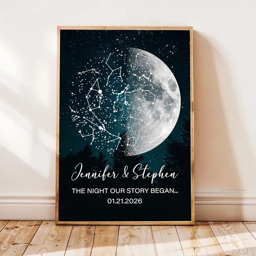 Personalized Moon Phase Star Map Poster for a Couple, Night Sky Wall Art, Unique Romantic Gift for Anniversary or Wedding