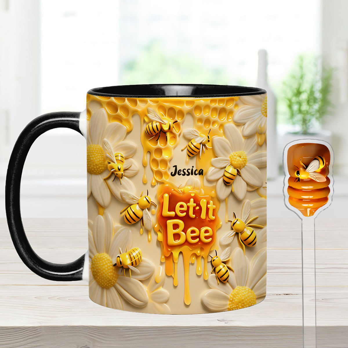 Let It Bee, Bee Flowers - Personalized Bee Set Accent Mug with Acrylic Stirrers