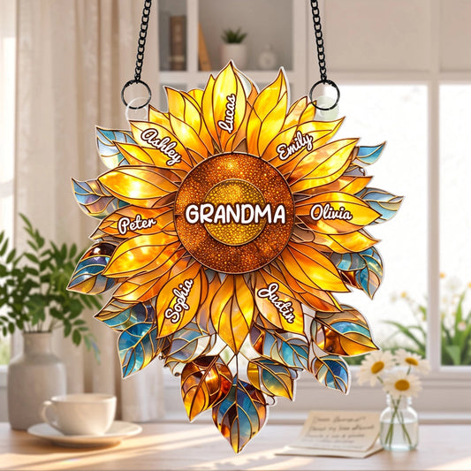 Custom Sunflower "Grandma's Love Bugs" Suncatcher - Personalized Window Art with Names for Grandma, Nana & Gigi - Unique Mother's Day or Birthday Gift