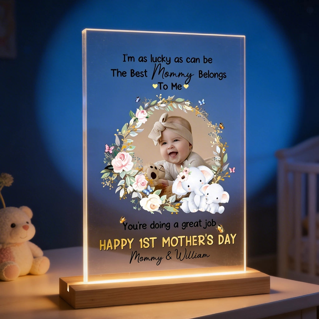 Personalized LED Light Plaque with Baby Photo and Sweet Elephant Floral Wreath, Mother's Day Gift for Mom, Cozy Ambient Glow