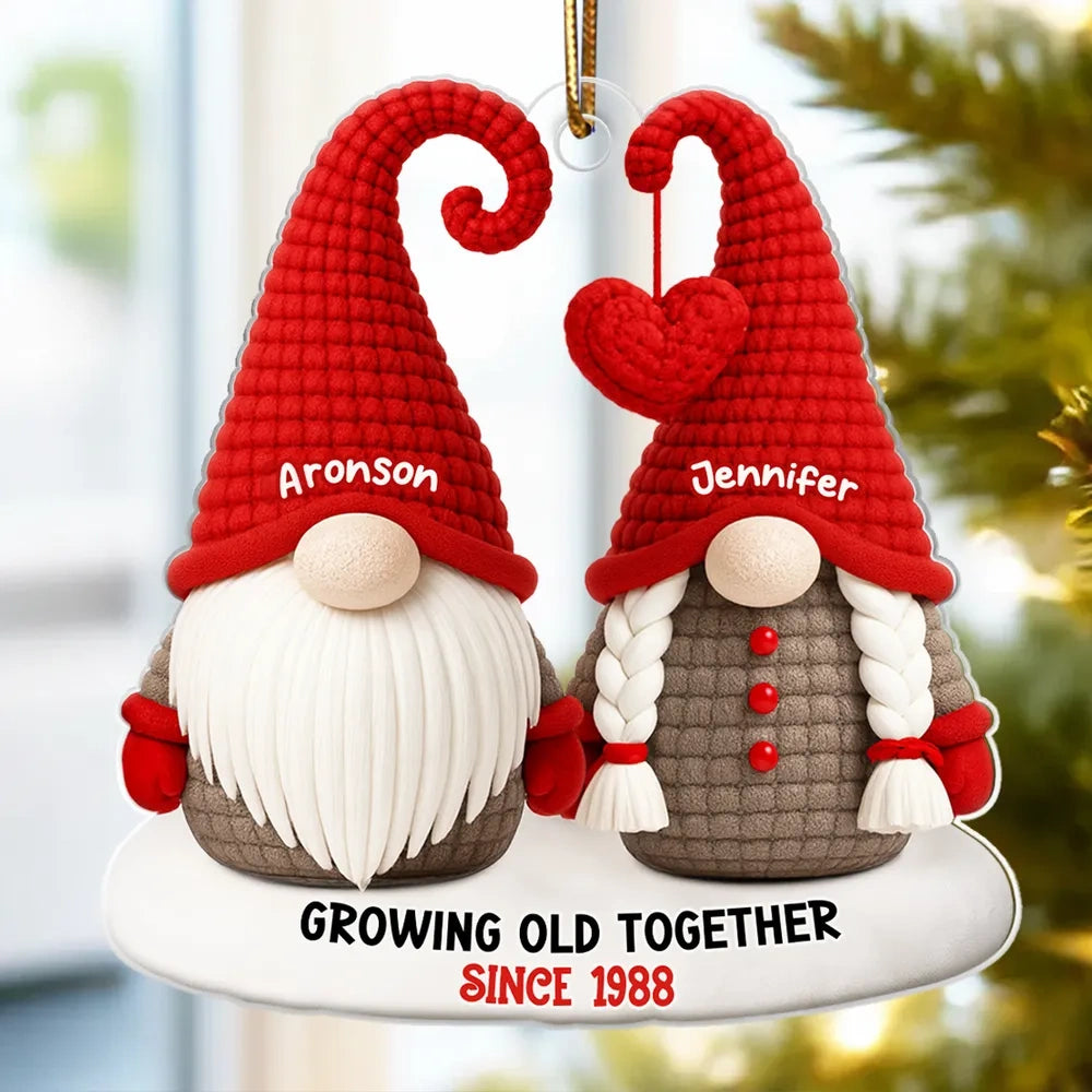 Personalized Acrylic Ornament with Cute Gnome Couple and Heart - Christmas Tree Decor, Unique Gift for Couples