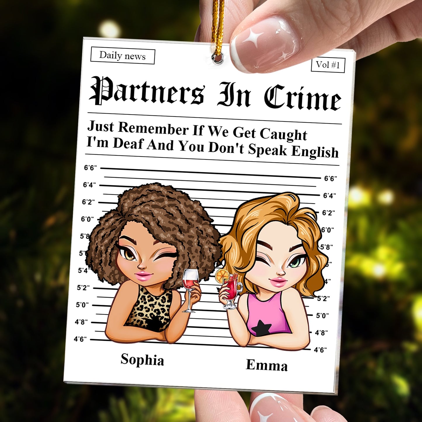 Partners In Crime Mugshot Acrylic Ornament – Funny Personalized Gift for Best Friend or Sister