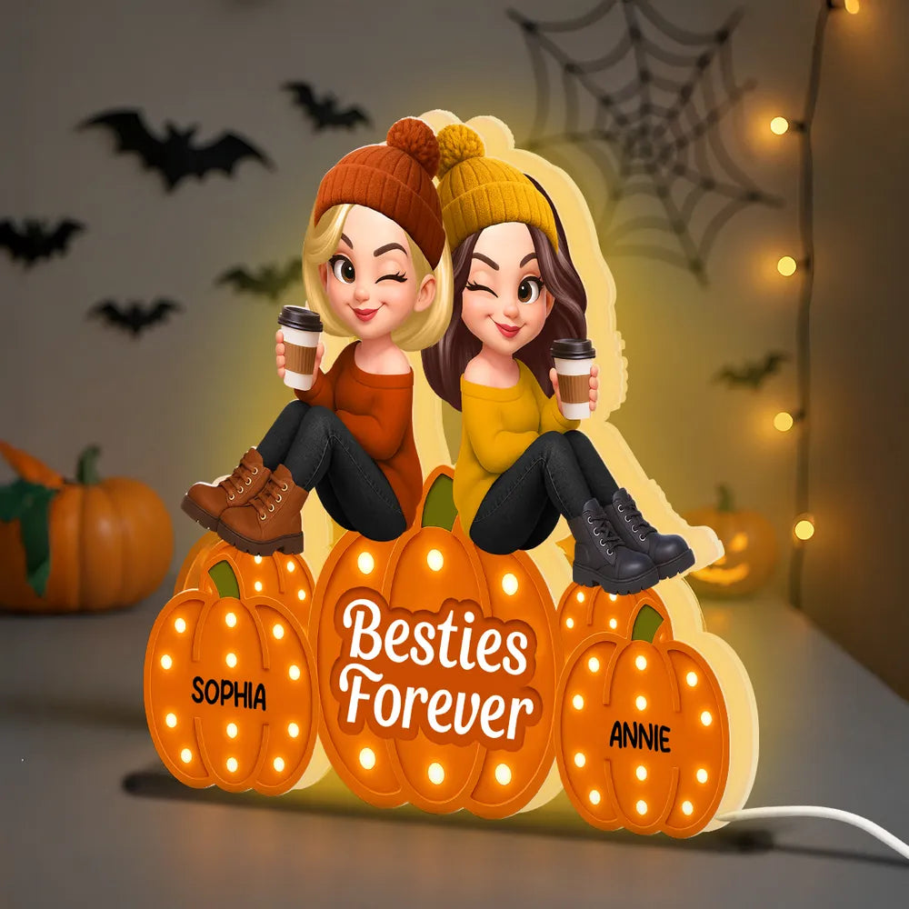 Besties Forever Acrylic Light Box with Pumpkin Marquee Glow, Sitting Friends, Cozy Fall Decor, a Unique Gift for Best Friend