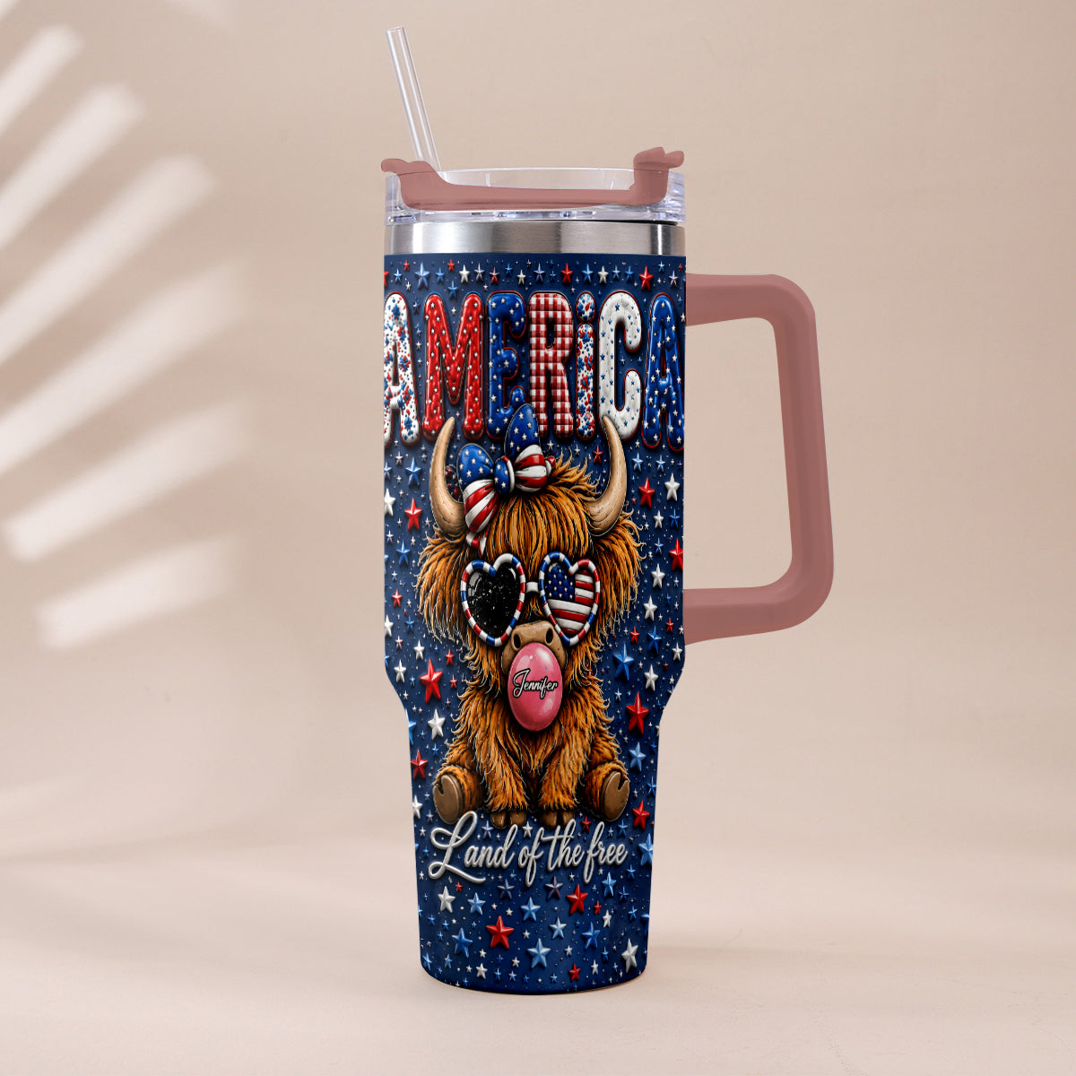 Land Of The Free - Personalized Highland Cow Tumbler With Plush Charm