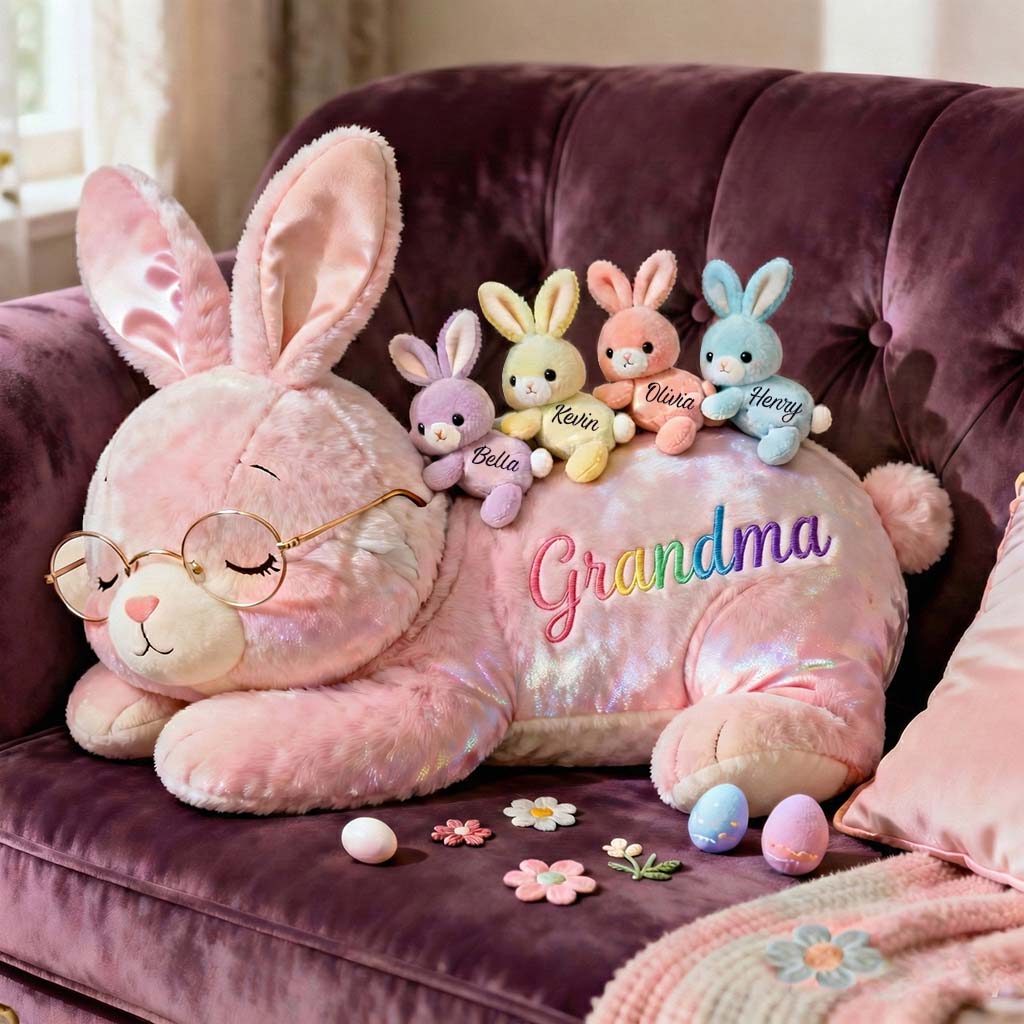 Grandma Bunny with Baby Bunnies - Personalized Grandma Faux Fur Shaped Pillow