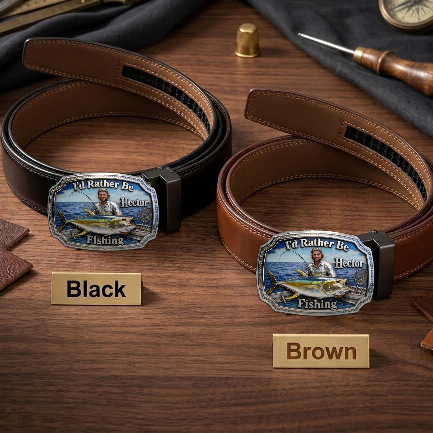 I'd Rather Be Fishing - Personalized Fishing Leather Belt With Shaped Buckle