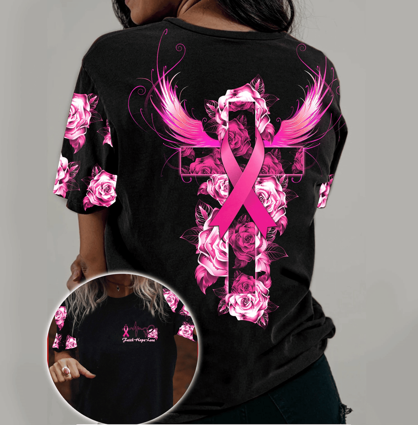 Breast Cancer Rose Cross Wings Faith - Breast Cancer Awareness All Over T-shirt and Hoodie 0822