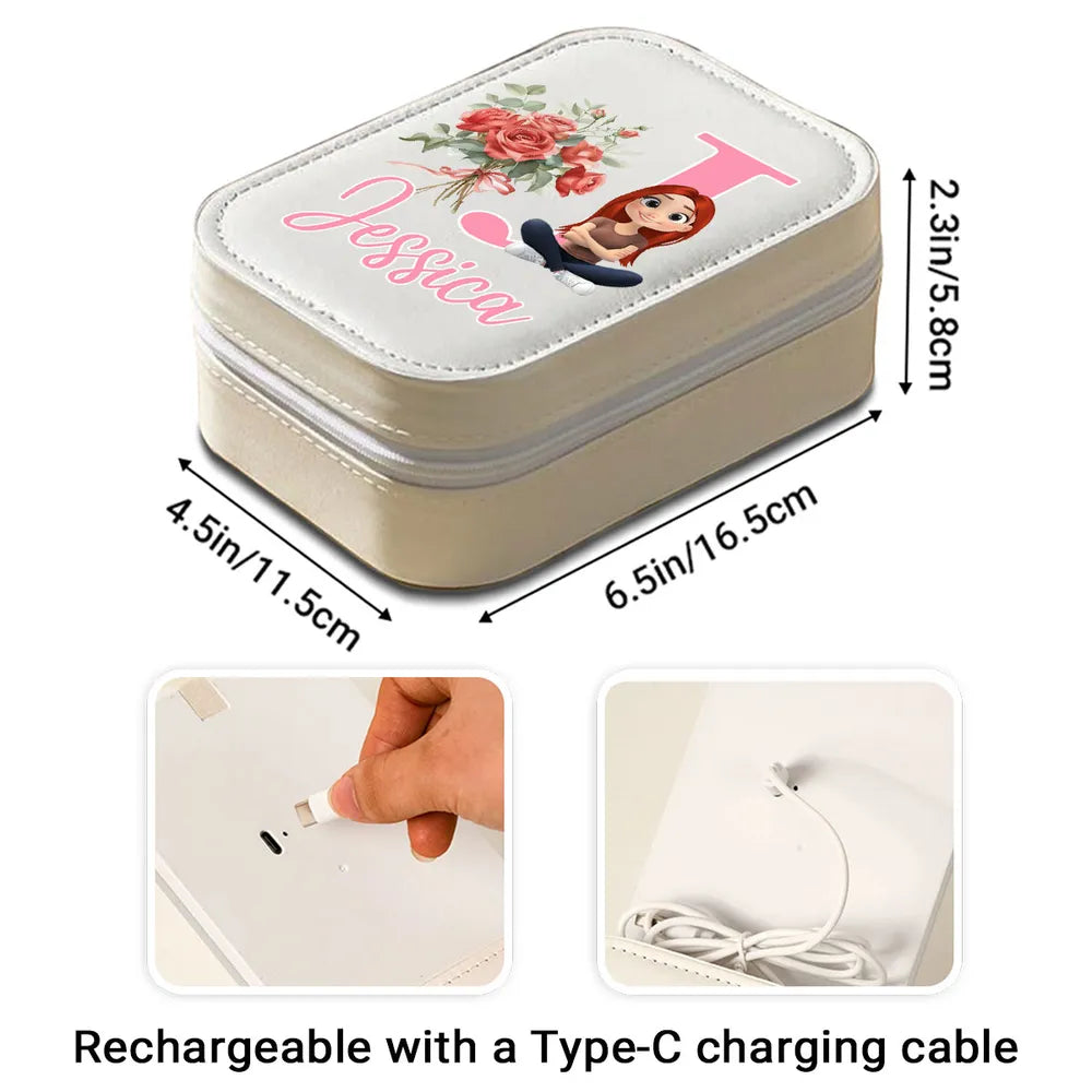 Personalized Leather LED Makeup Case with Cartoon Girl & Florals, Unique Gift for Teens & Daughters