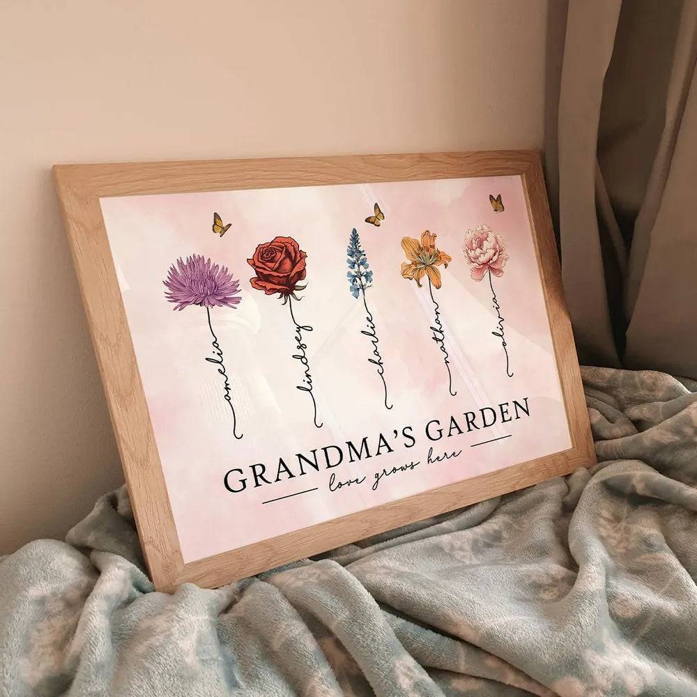 Grandma's Garden Love Grows Here Beautiful Birth Month Flower Gift For Grandma Mom Personalized Cup or Poster or Canvas, Keychain, Plaque, Wallet Card, Pillow