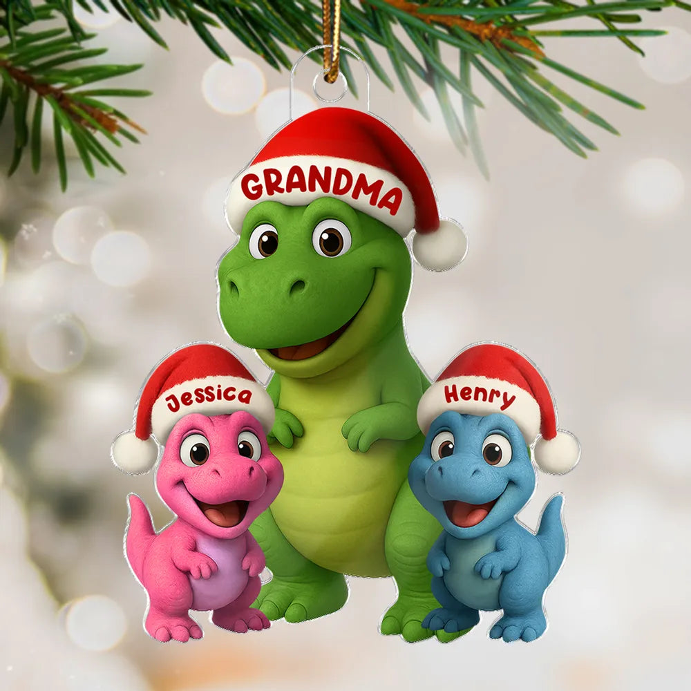 Christmas Grandma & Grandkids Dinosaur Acrylic Ornament – Adorable Family Keepsake, Perfect Gift for Grandparents