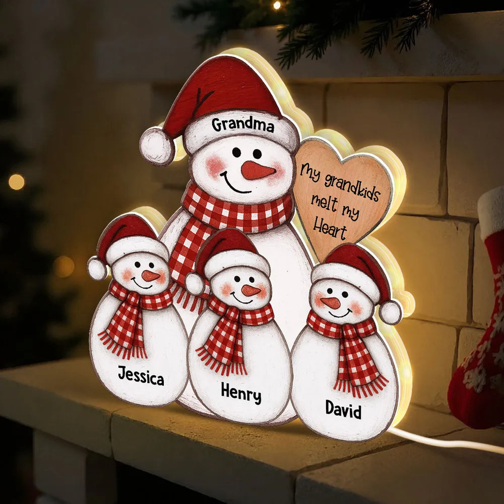 Acrylic Light Box Snowman Grandma & Grandkids, Christmas folk art, warm glow, unique gift for Grandma