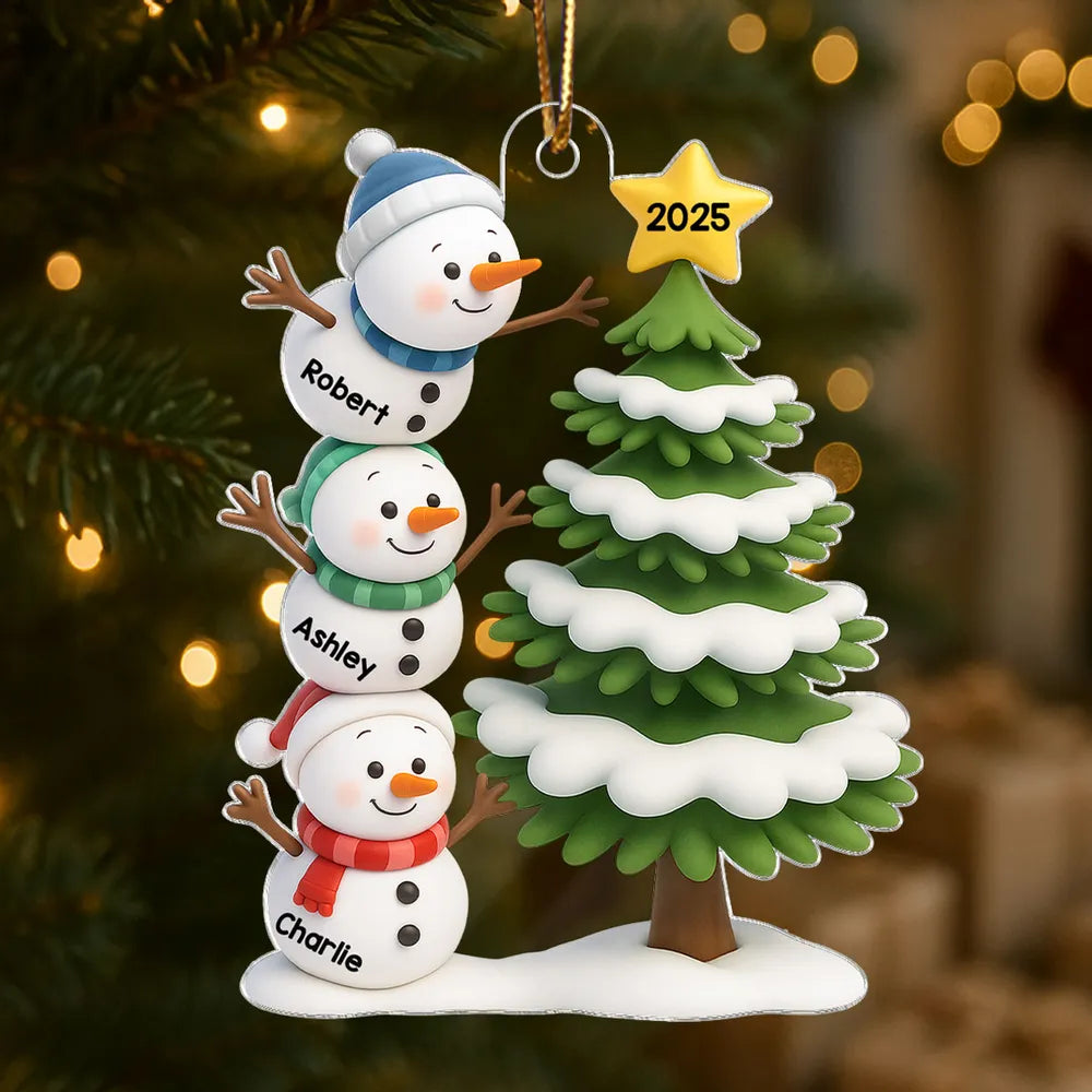 Snowman Family Acrylic Ornament, Customizable, Christmas Tree Scene, Layered Look, Unique Gift for Family & Kids