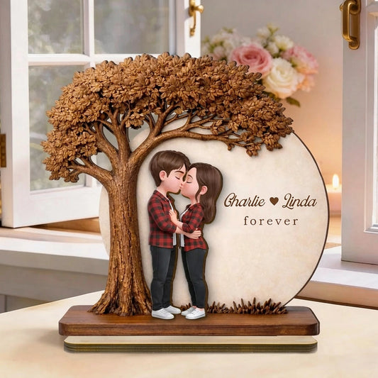 2-Layer Wooden Plaque Personalized Couple Love Tree Design Sweet Romantic Display for Bedroom or Living Room Unique Gift