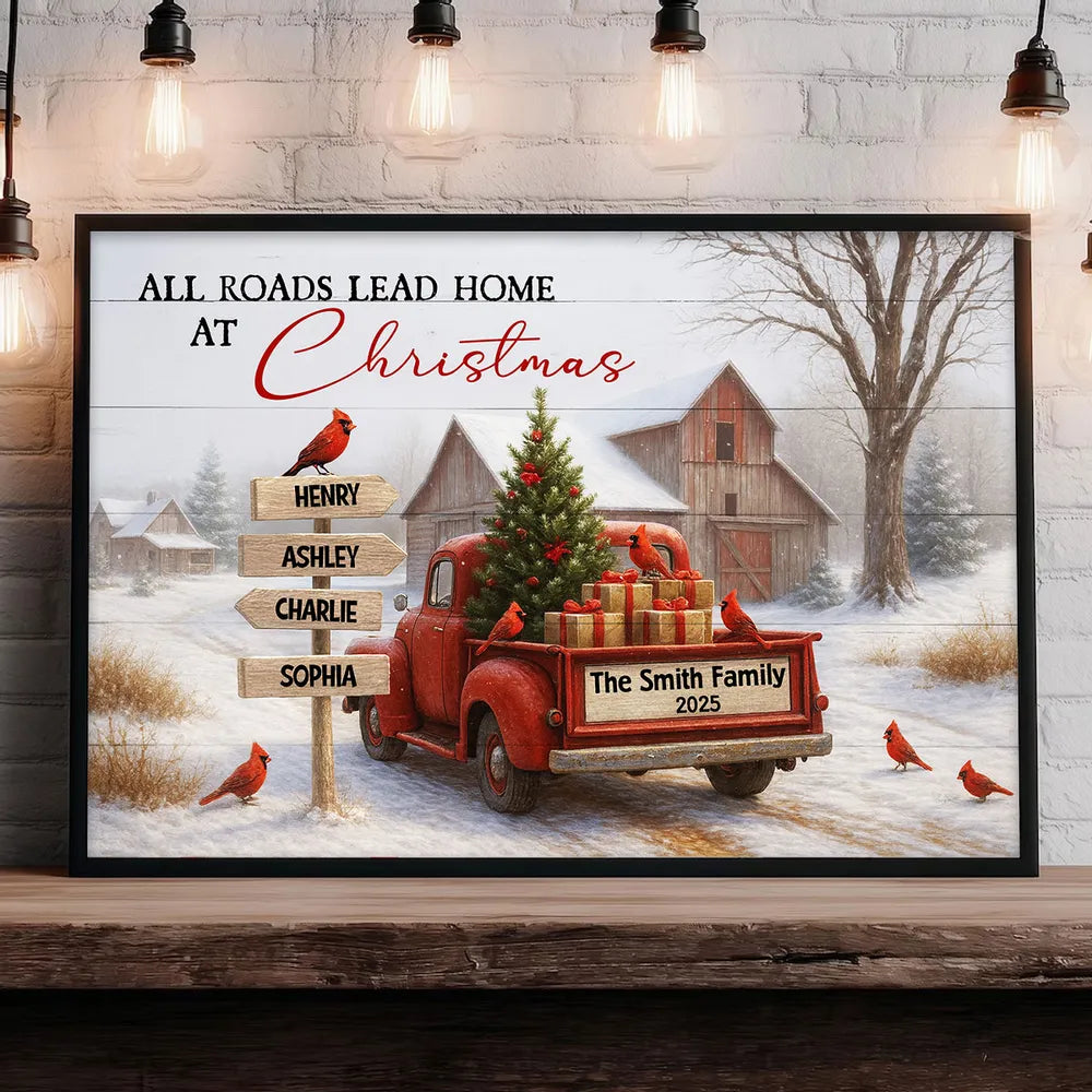 Rustic Christmas Family Poster with Custom Names, Vintage Red Truck and Winter Barn Scene