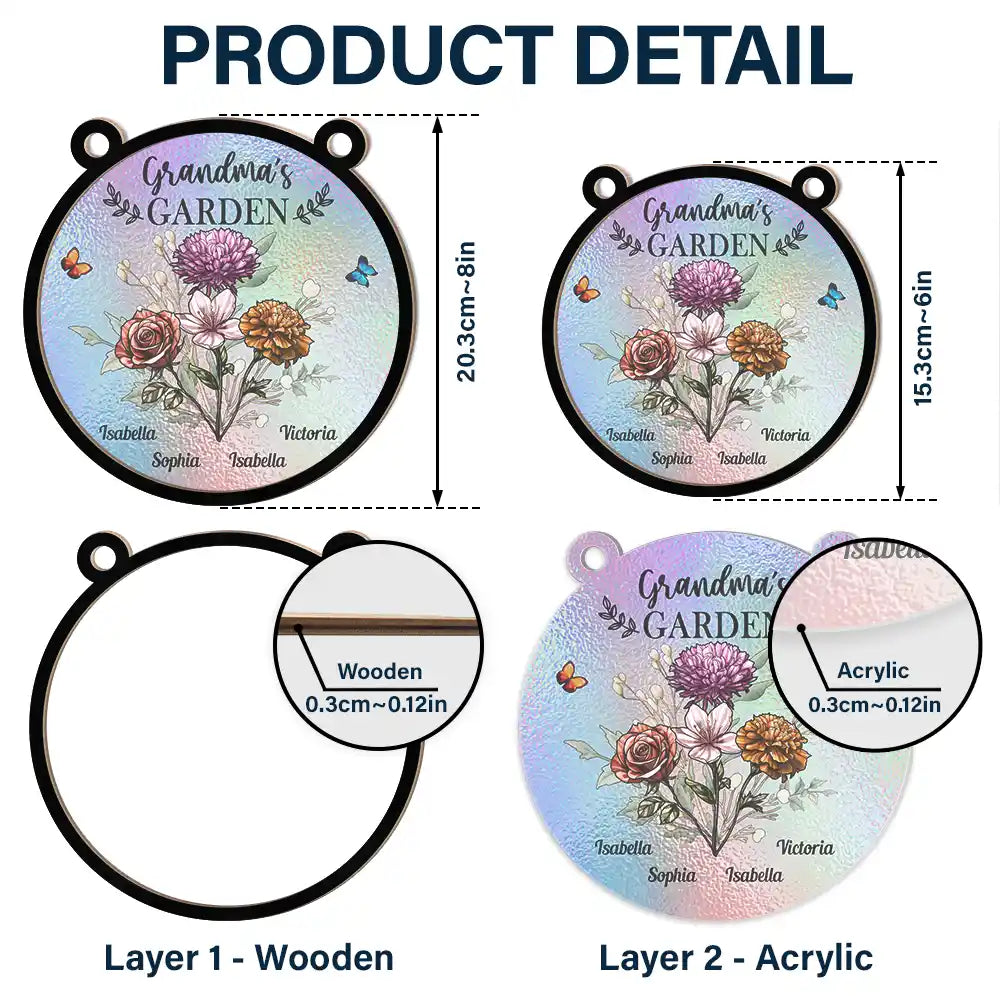 Personalized "Grandma’s Garden" Ornament – Custom Wood and Acrylic Layered Ornament for Grandma