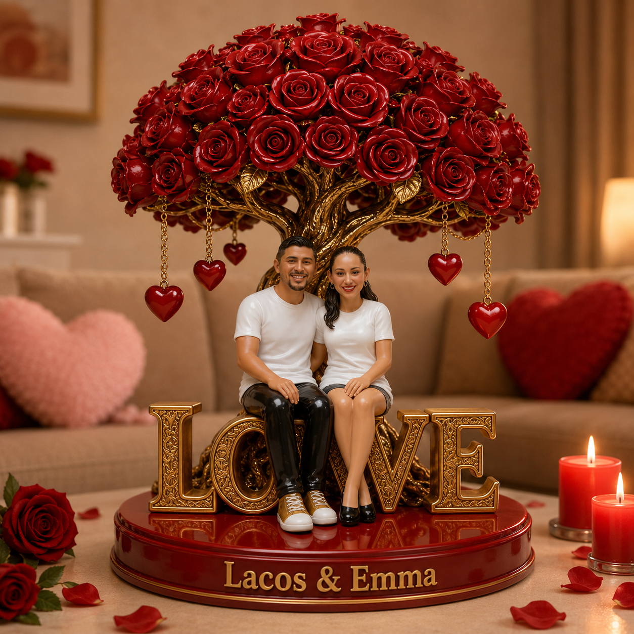 Custom Latin Couple Figurine Under Red Rose Tree, Engraved Name Statue, Romantic Anniversary & Wedding Gift Home Decor Keepsake