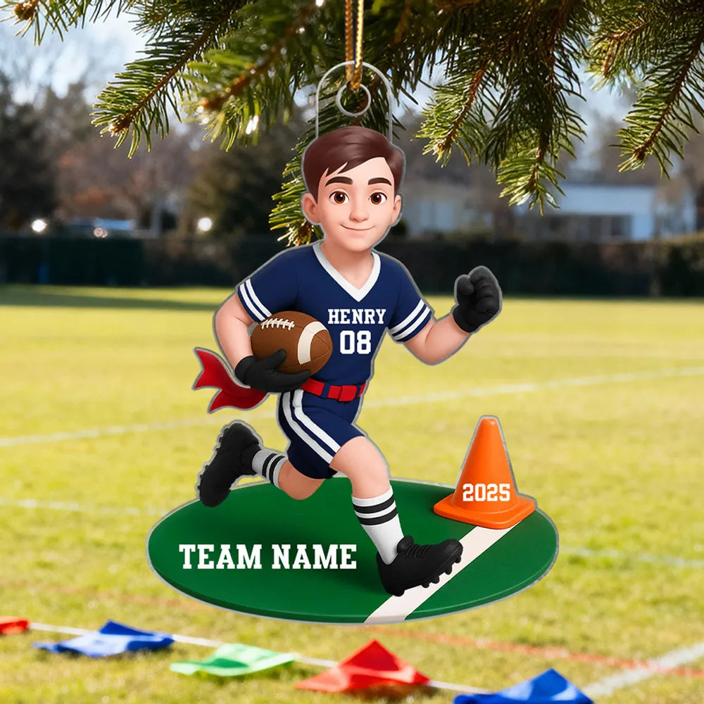 Acrylic Ornament Personalized Flag Football Kid Running on Field, Unique Christmas Tree Gift for Son