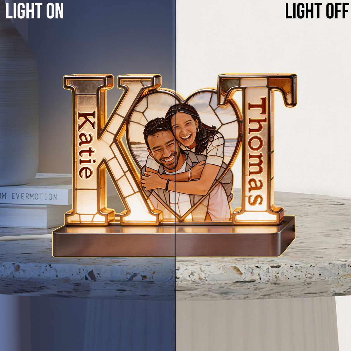 Custom From Photo, Initial Letters And Heart - Personalized Couple Acrylic LED Night Light