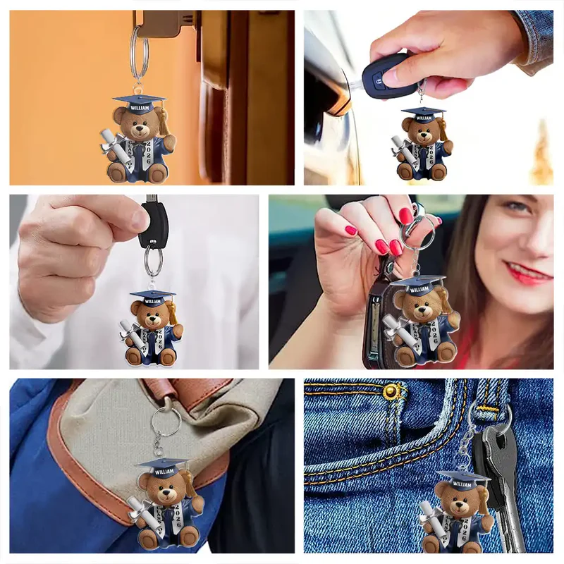 Acrylic Keychain Cute Graduation Bear with Cap and Diploma - Personalized Gift That Feels So Special