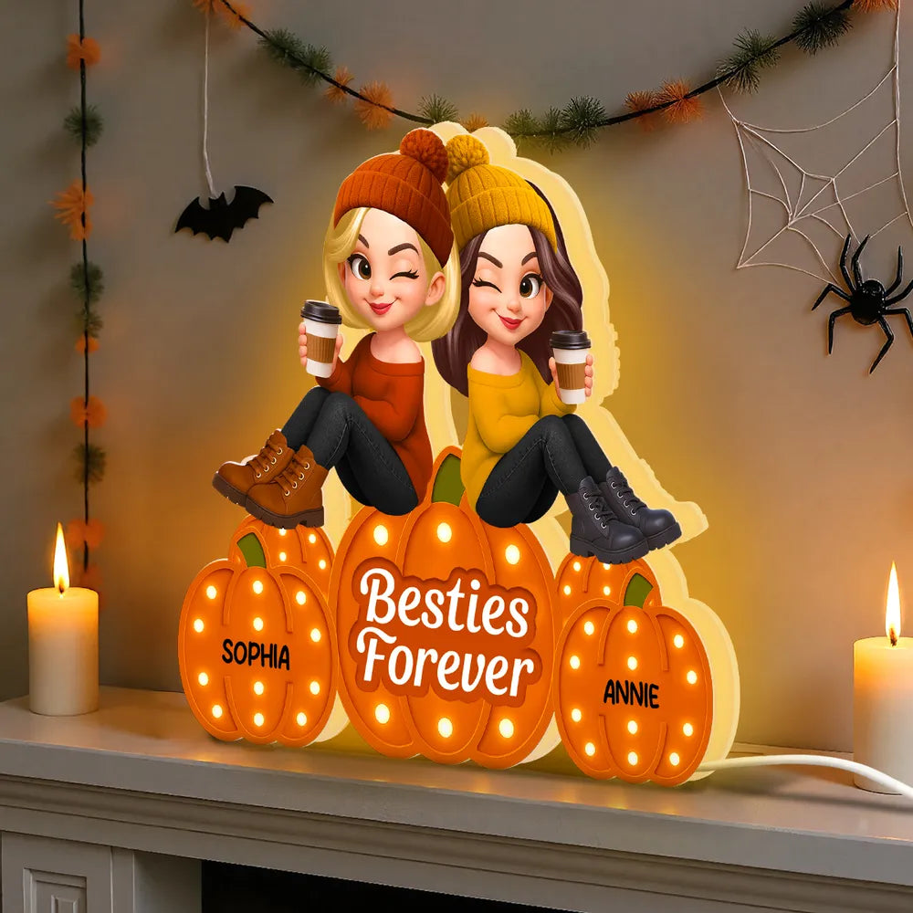 Besties Forever Acrylic Light Box with Pumpkin Marquee Glow, Sitting Friends, Cozy Fall Decor, a Unique Gift for Best Friend