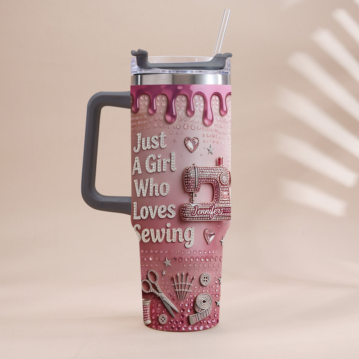 Just A Girl Who Loves Sewing - Personalized Sewing Tumbler With Handle