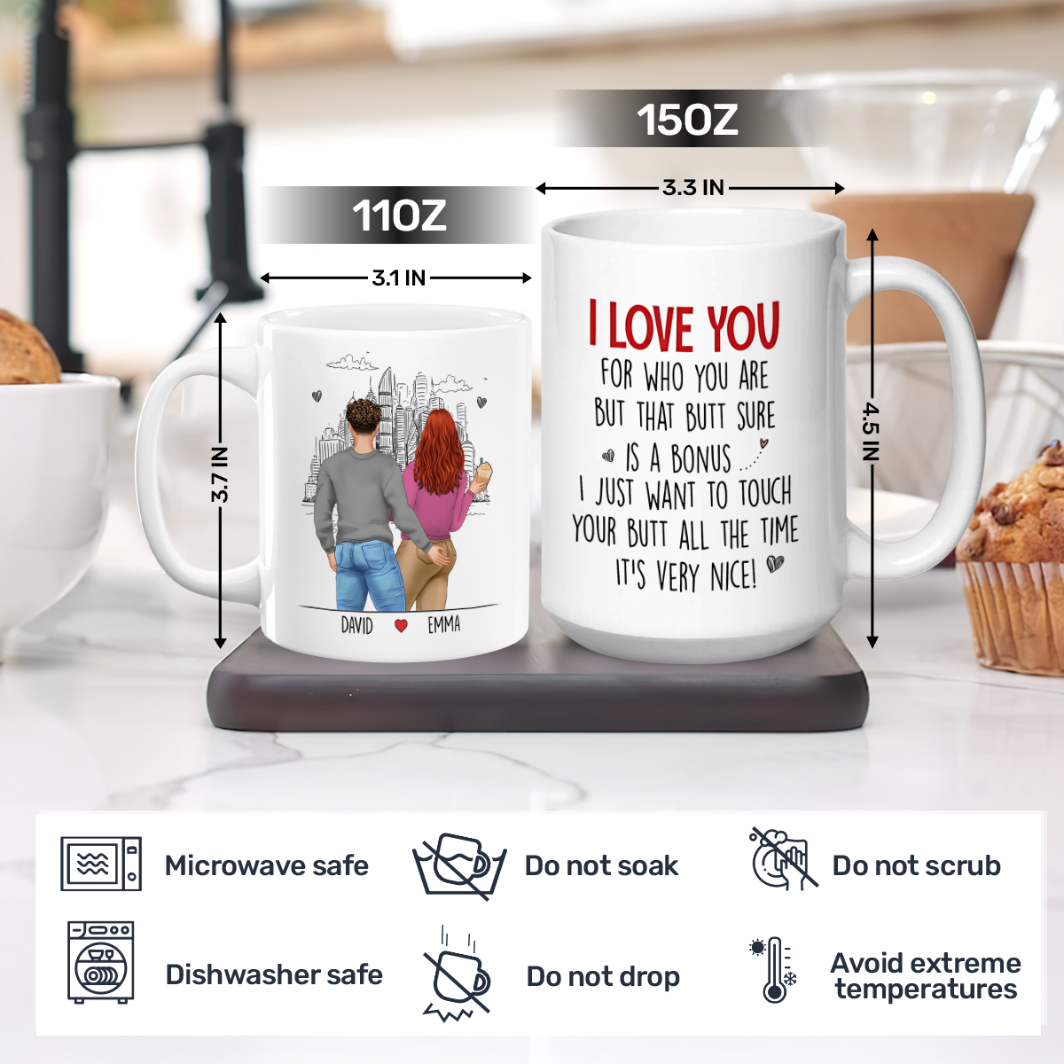 Personalized White Ceramic Mug with Hugging Couple Illustration, Funny Love Quote, Unique Romantic Gift for Partner