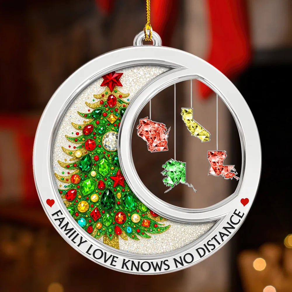 Personalized Acrylic Ornament with Gemstone Christmas Tree & States – Family Love Knows No Distance, Unique Holiday Gift