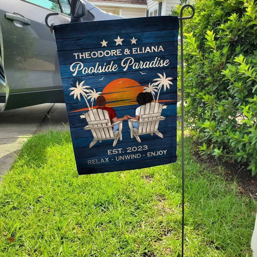 Relaxing Poolside Paradise Decor with Optional Flag Background Couple Sitting Personalized Flag, Sign, Vase - Perfect for Garden, Housewarming, Birthday, Anniversary Gift for Him, Her