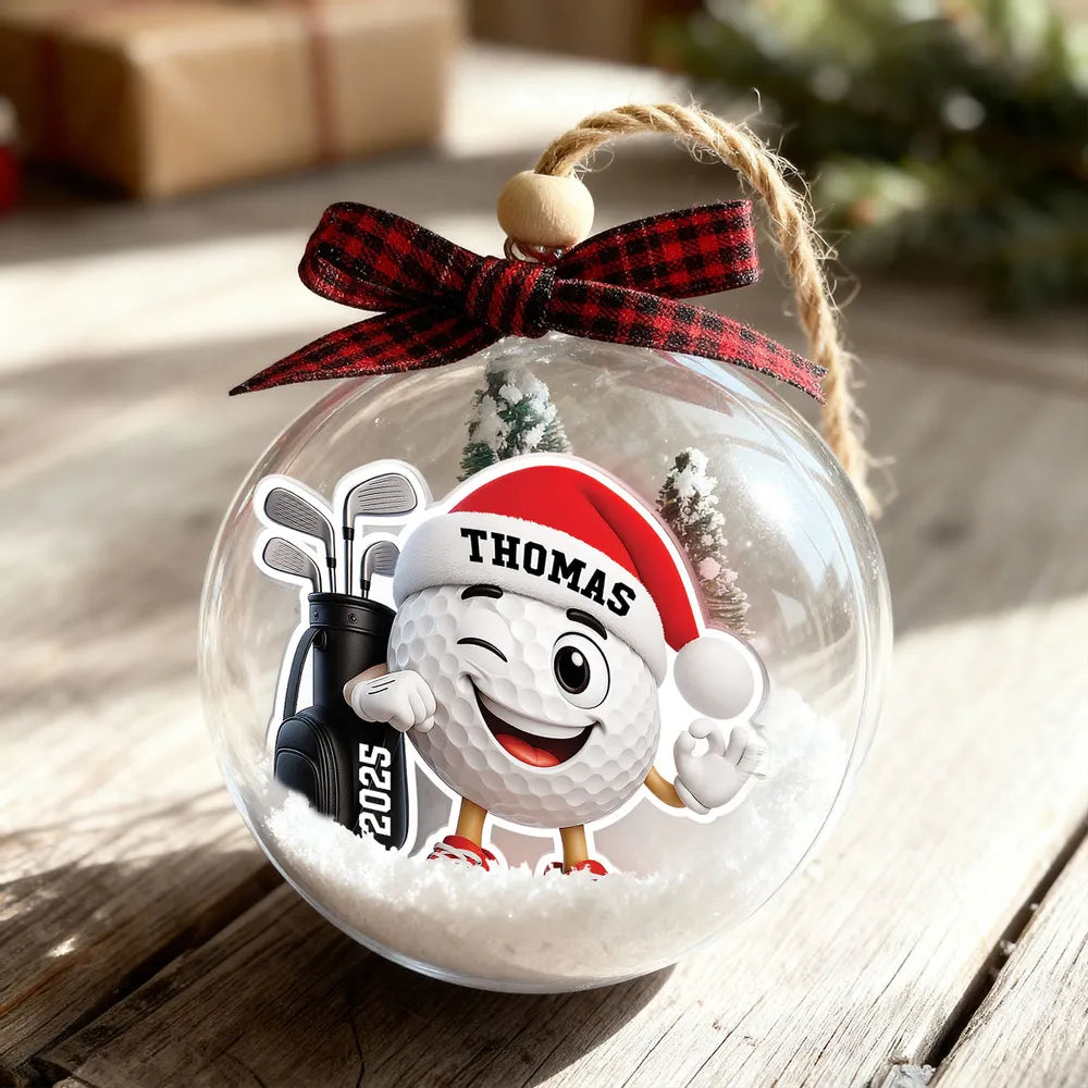 Snow Globe Ornament with Winking Santa Golf Ball, Christmas Tree Decor, playful keepsake, unique gift for golfers and Dad