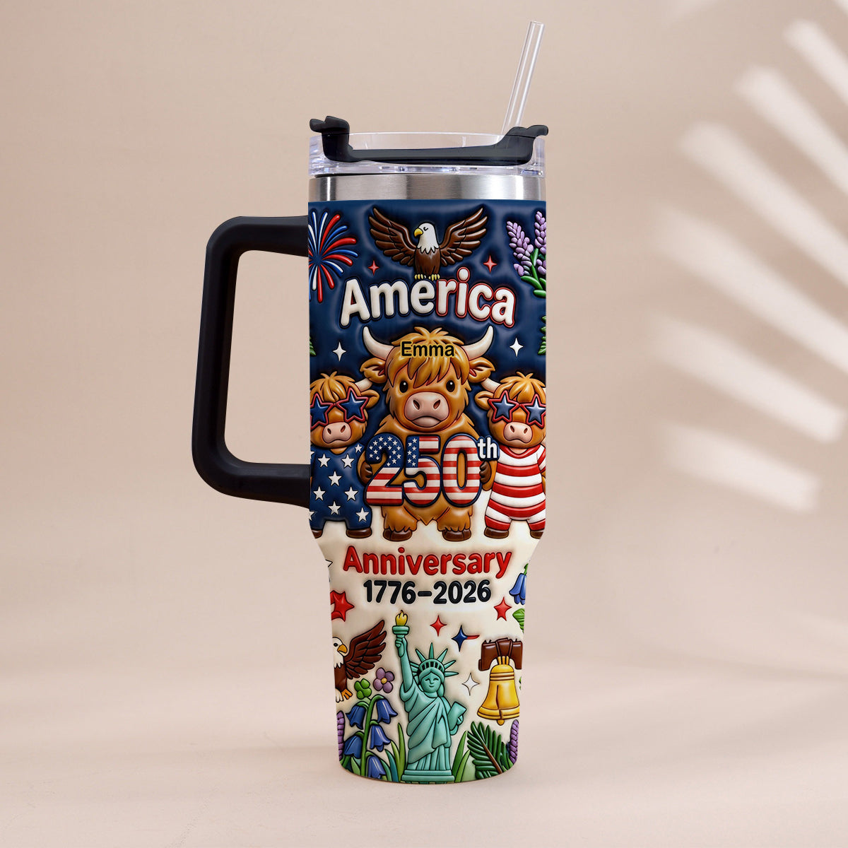 Cute Highland Cow America 250th Anniversary - Personalized Highland Cow Tumbler With Handle