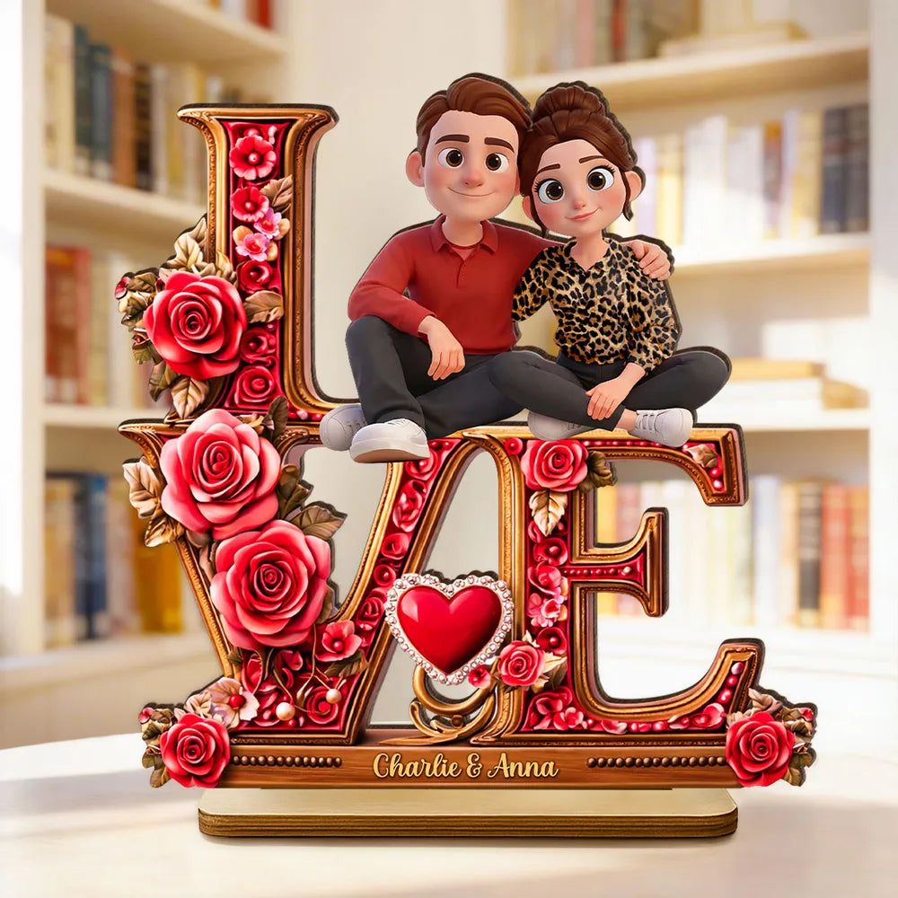 Personalized 2-Layer Wooden Plaque with Cartoon Couple Sitting on LOVE Roses - Unique Romantic Gift for Her or Him