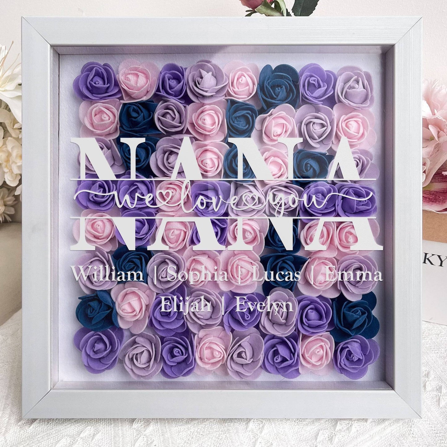 MOM We Love You Shadow Box, Personalized Heart Rose Keepsake for Mom, Meaningful Family Memory Gift for Her