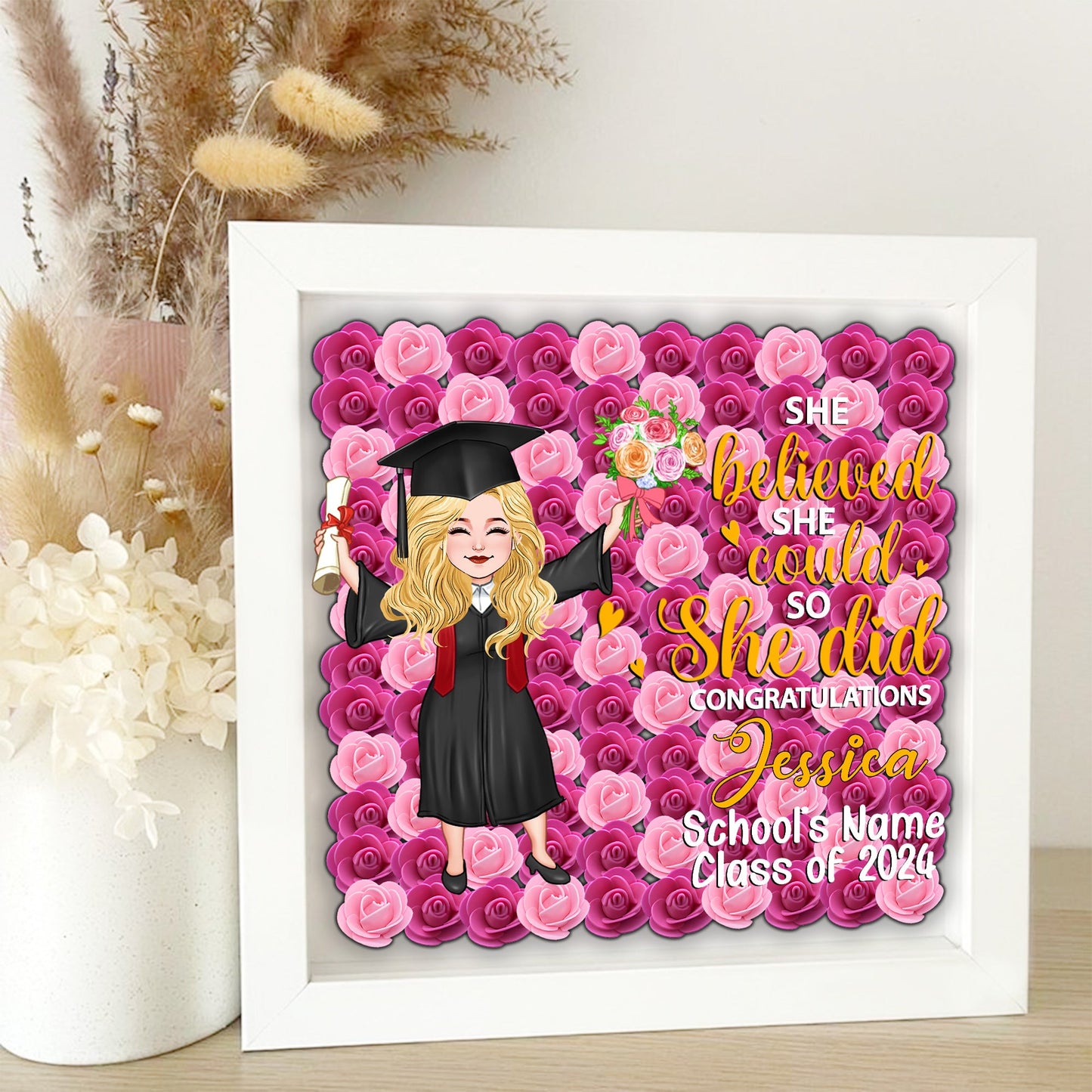 Graduation Girl 2024 - Personalized Graduation Custom Shaped Flower Shadow Box