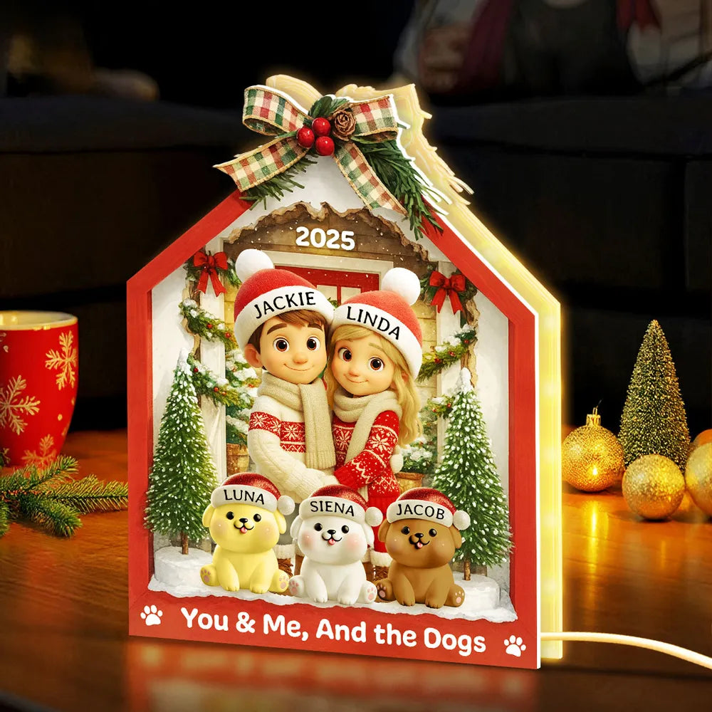 Acrylic Light Box with Couple & Pets Scene | Cozy Winter Holiday Decor, Perfect Gift for Lovers or Families