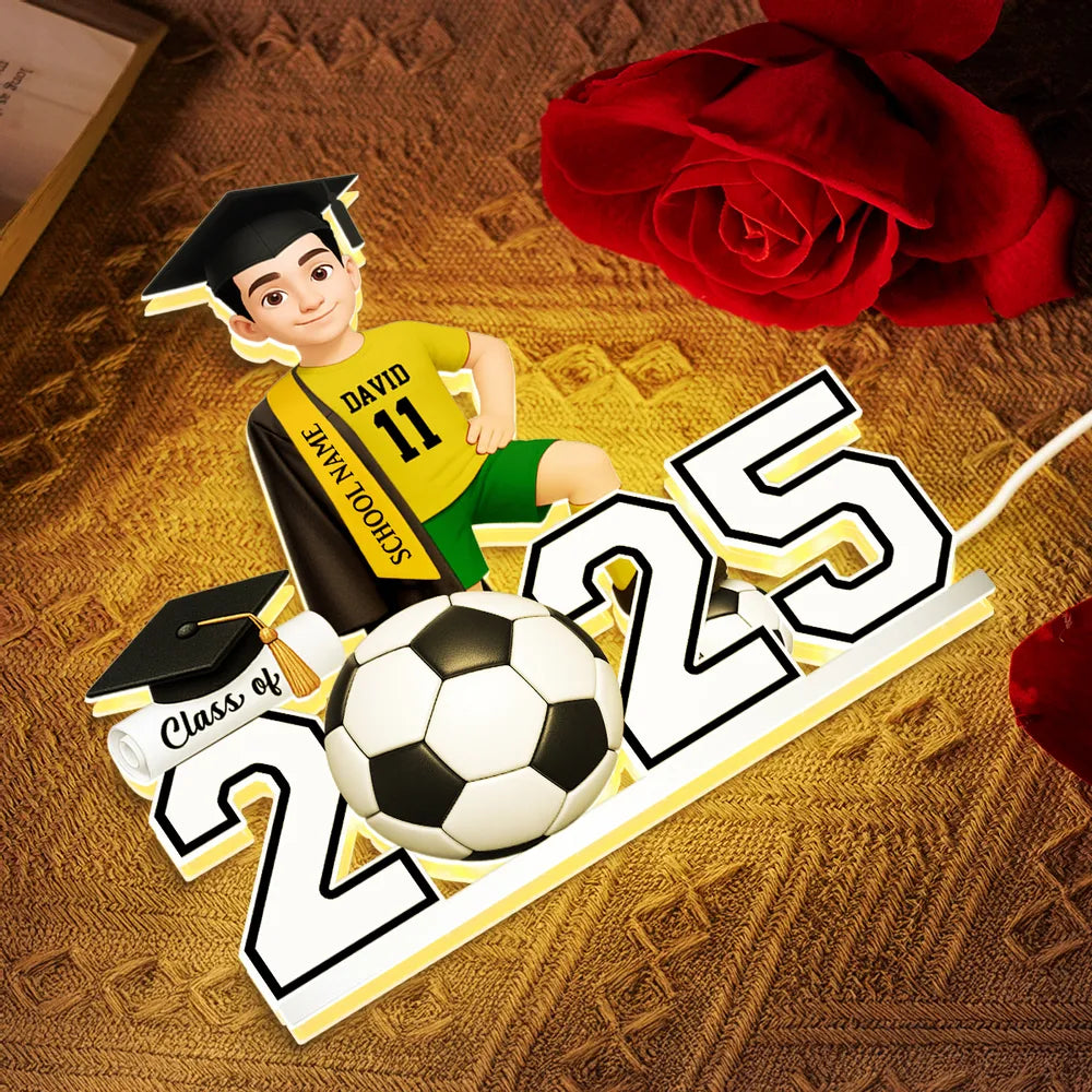 Custom Class Acrylic Light Box with Graduation Cap and Soccer Theme, Warm Atmosphere Lamp for Bedroom or Bookshelf, Memorable Gift