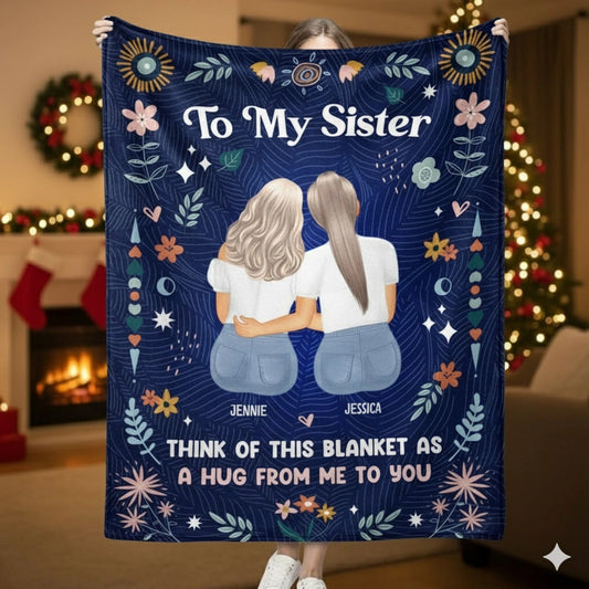 Fleece Blanket for Sister, Hugging Sisters Art with 'To My Sister' & 'A Hug from Me to You', Navy Floral, a Unique Gift
