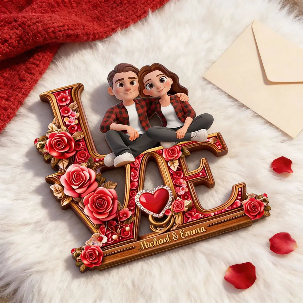 Personalized 2-Layer Wooden Plaque with Cartoon Couple Sitting on LOVE Roses - Unique Romantic Gift for Her or Him