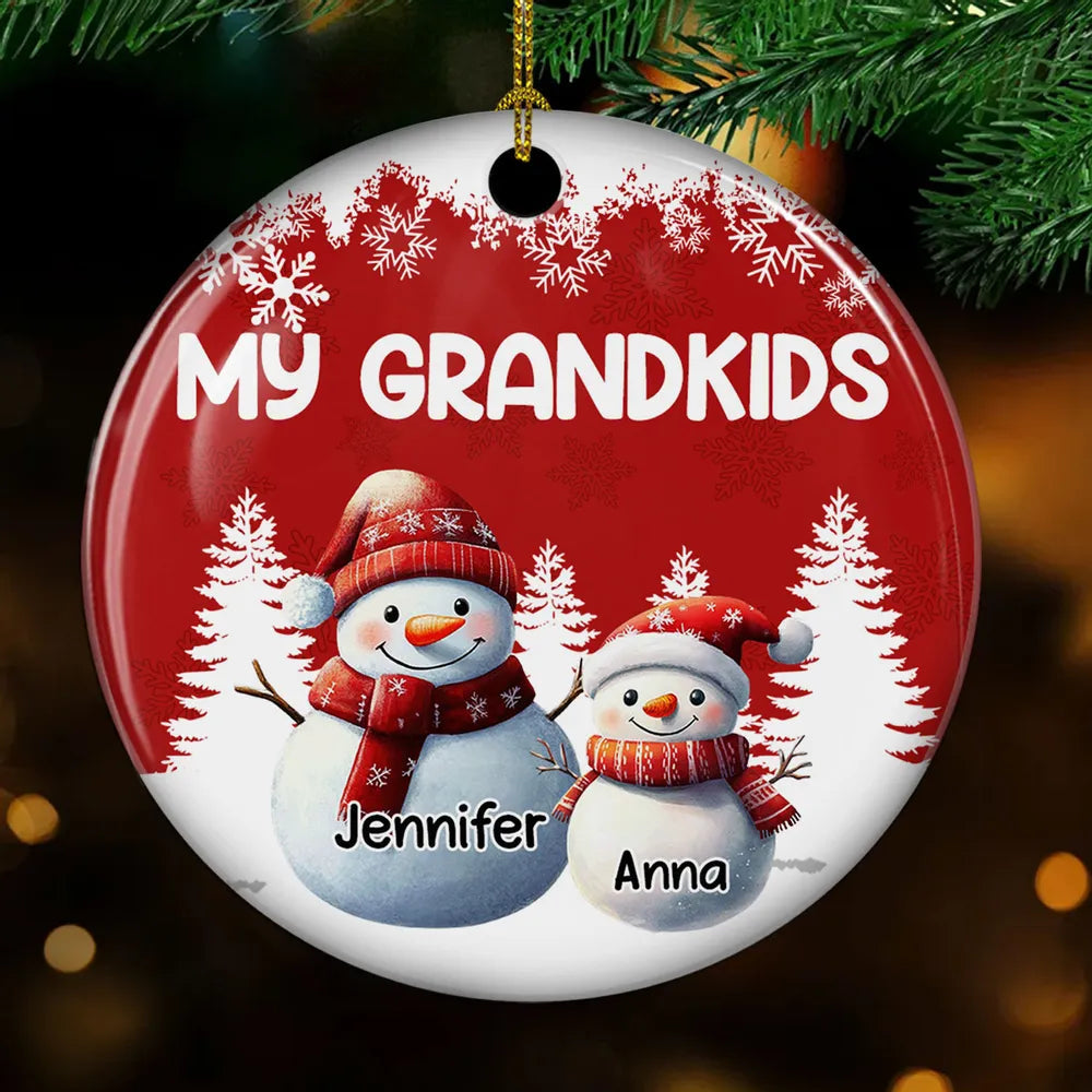Ceramic Ornament, Cute Snowman Family Grandkids Theme, Easy to Personalize, Holiday Tree Charm, Creative Gift for Grandma