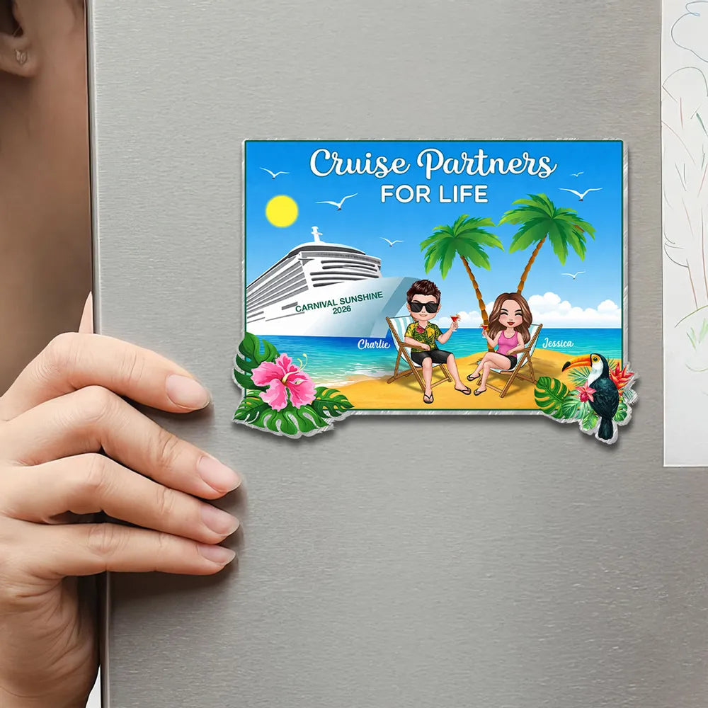 Personalized Cruise Partners For Life Acrylic Magnet, Beach Chair Couple by Cruise Ship, Unique Cruise Door Gift