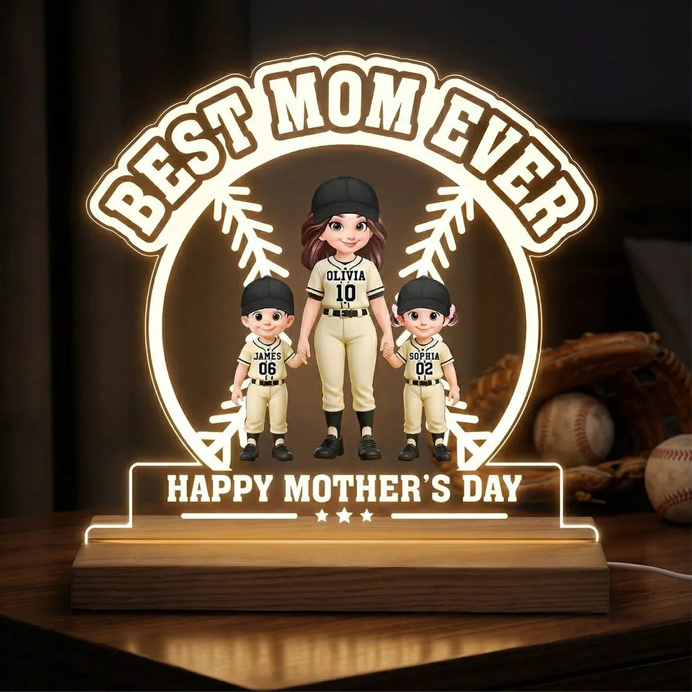 Block LED Light Plaque with Warm Glow, Custom Mom and Kids Baseball Scene, Sweet Bedside Gift for Mom