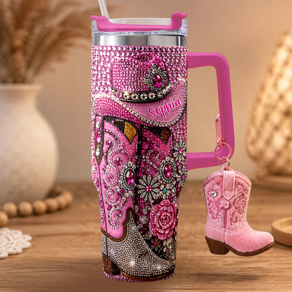 Cowgirl Boots - Personalized Cowgirl Rhinestone Tumbler With Plush Charm