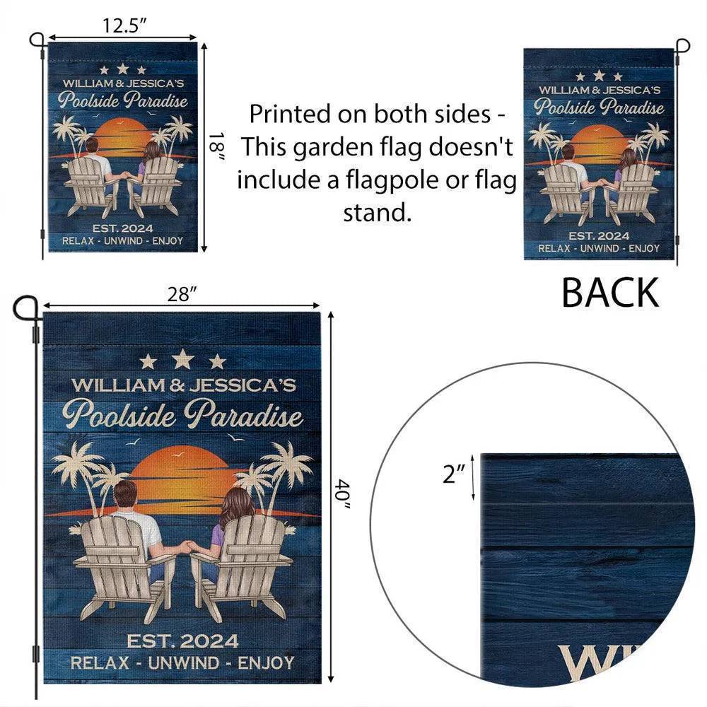 Relaxing Poolside Paradise Decor with Optional Flag Background Couple Sitting Personalized Sign, Flag, Vase - Perfect for Garden, Housewarming, Birthday, Anniversary Gift for Him, Her