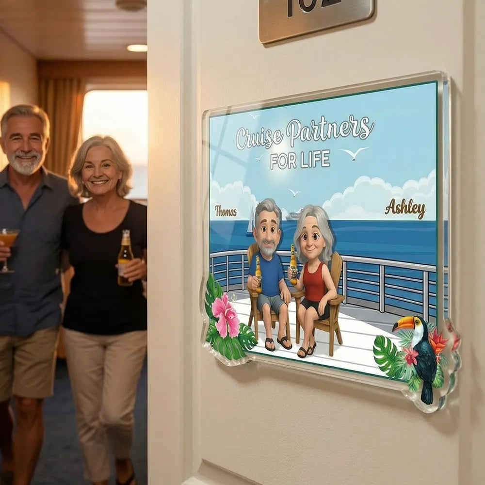Personalized Acrylic Magnet Cruise Partners For Life Cartoon Couple on Deck, Unique Cruise Cabin Door Gift